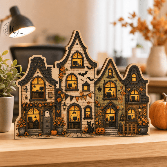 Halloween Wooden Block Spooky Village Wood Desk Decor for Office 2-Layer (10mm)