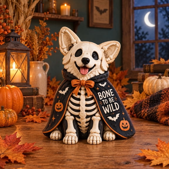Halloween Wooden Block Tabletop Decor Skeleton Corgi