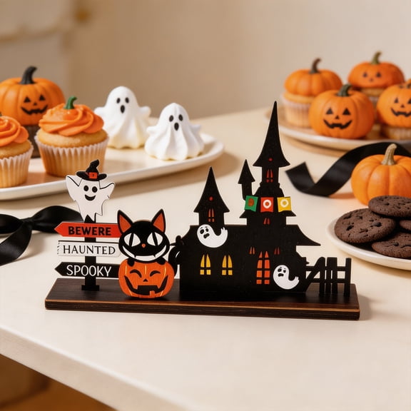 Halloween Wooden Castle Table Decor (Style B), Spooky Ghost Pumpkin Tombstone Centerpiece, Wood Cutout Ornament for Themed Party, Festive Home Office Desktop Decor, Multicolor-A