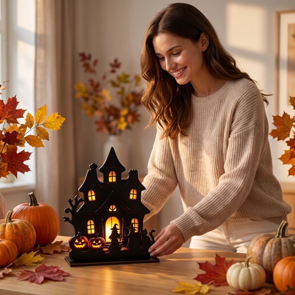 Halloween Wooden Decor, 8 Inch Spooky Haunted House Silhouette with Witch Black Cat Jack O Lantern Lights Indoor Halloween Table Decor for Mantel Home Party, 1 Pack