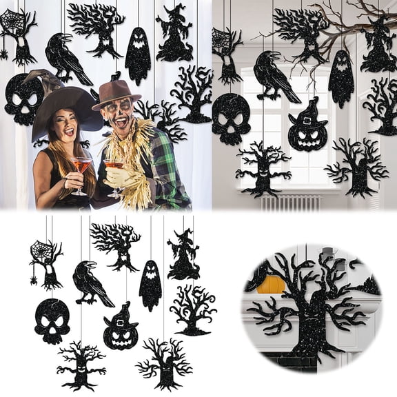 Halloween Wooden Decor Set - 10 Pcs Gothic Hanging Signs with Witch Hats, Spiders & Bats, for Haunted House, Classroom & Porch Displays