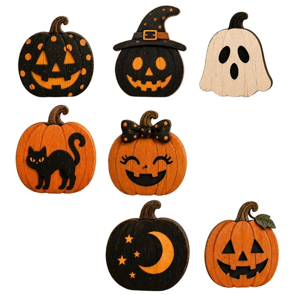 Halloween Wooden Desktop Decor Set 9PCS - 2D Laser Cut Wooden Signs with Ghost Pumpkin Witch Designs