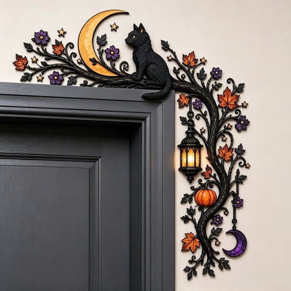 Halloween Wooden Door Frame Decor, Black Cat Tree Branch Corner Ornament with Moon, Pumpkin and Lantern, Spooky Gothic Wall Decor for Front Door Home Decor 20cm
