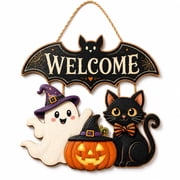 Halloween Decorations, Wooden Door Sign for Front Door with Black Cat, Ghost, Pumpkin & Bat