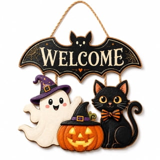 Halloween Wooden Door Sign, 15.7 Inch Bat Welcome Door Hanger with Ghost Pumpkin Black Cat, Cute Halloween Front Door Porch Wall Decor
