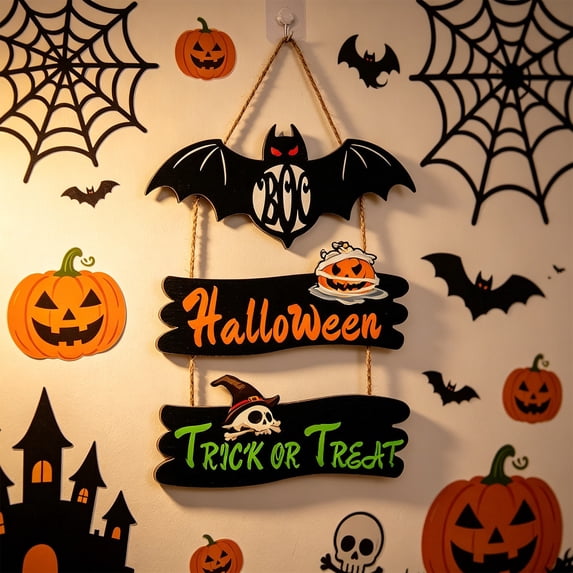 Halloween Wooden Door Sign Hanging Decor, Spooky Wood Ornament for Front Door Wall Porch Fireplace Window Party Decoration, Rustic Halloween Holiday Sign for Indoor Outdoor Home Festival Display