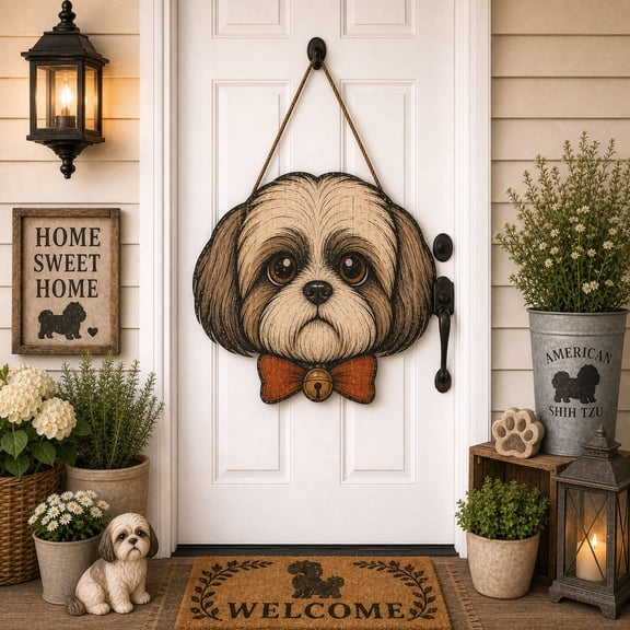 Halloween Wooden Door Sign Shih Tzu Wooden Front Door Hanger for Dog Lovers
