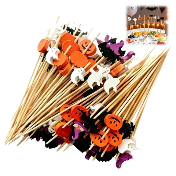 Halloween Wooden Food Picks 100Pcs 13cm, Pumpkin Ghost Bat Cupcake Topper for Fall Holiday Party Buffet Decor