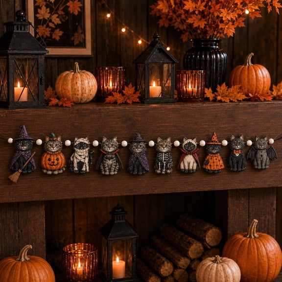 Halloween Wooden Garland, LaPerm Cat Witch Pumpkin Mummy Vampire Skeleton Bat Mantel Decoration for Party