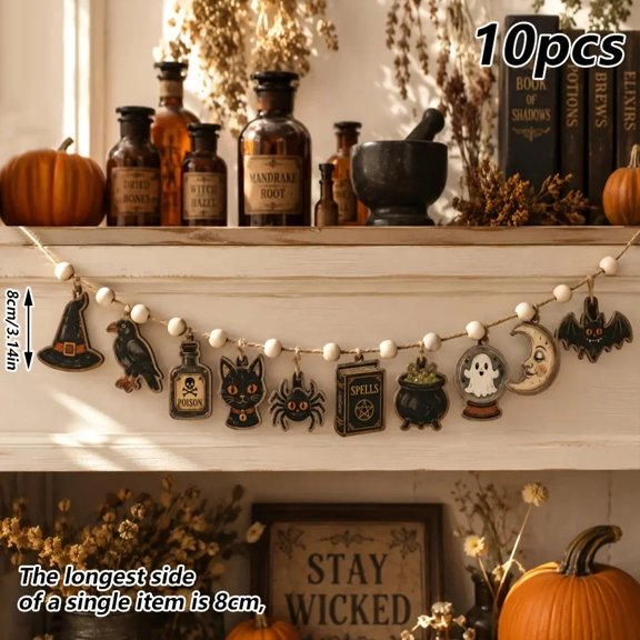 Halloween Wooden Garland, Vintage Halloween Hanging Decor, 10 Piece, 3.14in