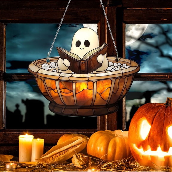 Halloween Wooden Ghost Bathtub Suncatcher, Book Reading Ghost Window Decor, Spooky Fall Ornament for Readers and Relaxation