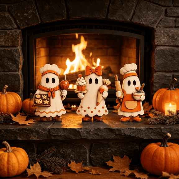 Halloween Wooden Ghost Figurines Set of 3, Vintage Rustic Freestanding Shelf Sitters, Halloween Decor, Fall Scene Tabletop Ornaments for Halloween Decorations Indoor & Tiered Tray Decor