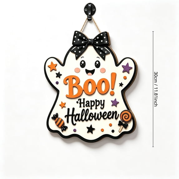 Halloween Wooden Ghost Sign Door Hanger with Bow Front Porch Wall Decor Cute Ghost Hanging Ornament for Entryway Door Mantel Window Party Home Fall Holiday Decoration Front Door Display