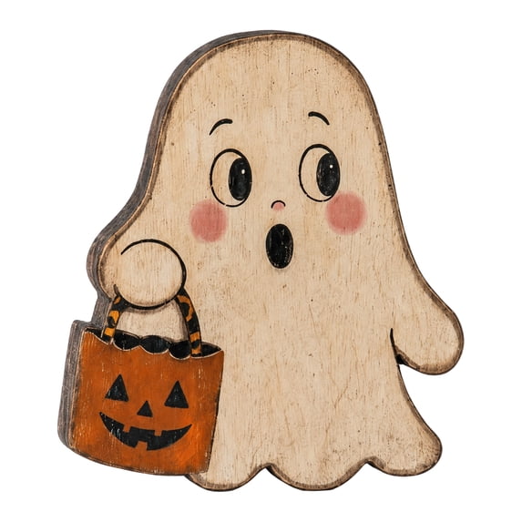 Halloween Wooden Ghost Tabletop Decor 1 Pack Vintage Rustic Wood Halloween Tabletop Sign for Home Party Mantel Shelf Desk Holiday Halloween Decoration Spooky Cute Trick or Treat Gift