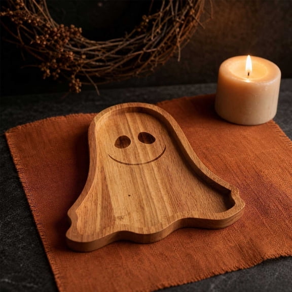 Halloween Wooden Ghost Tray Serving Platter,8.3" L x7.1" W Gothic Wood Decorative Snack Candy Fruit Holder, Fall Party Table Centerpiece Home Kitchen Holiday Decor