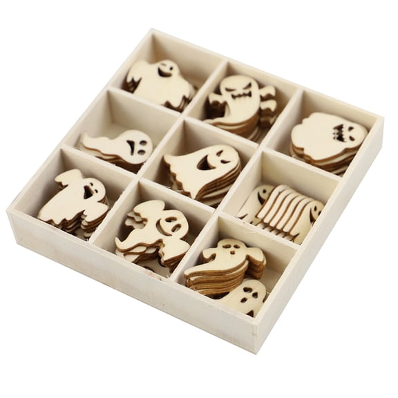 Halloween Wooden Hanging Ornaments, Unfinished Natural Wood, 72 Pieces Assorted Ghost Cutouts, for DIY Halloween Party Home Decoration Holiday Craft Haunted House Ornament