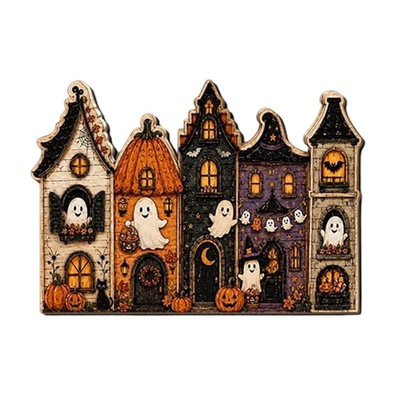 Halloween Wooden Hanging Sign, Ghost House Village Wall Decor for Door and Porch