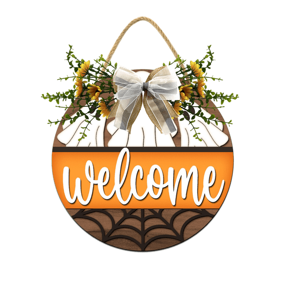 Halloween Wooden Hanging Sign Halloween Ghost Welcome Sign with Bow Vintage Halloween Door Hanger Sign for Farmhouse Home Window Outdoor Wall Party Decoration Supplies