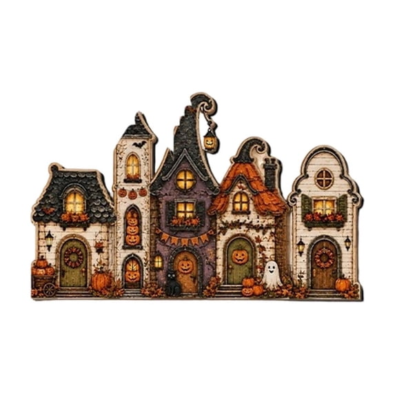 Halloween Wooden Hanging Sign, Haunted House Village Wall Decor for Door and Porch
