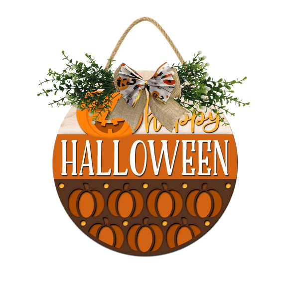 Halloween Wooden Hanging Sign Jack O Lantern Happy Halloween Sign with Bow Vintage Halloween Door Hanger Sign for Farmhouse Home Window Outdoor Wall Party Decoration Supplies