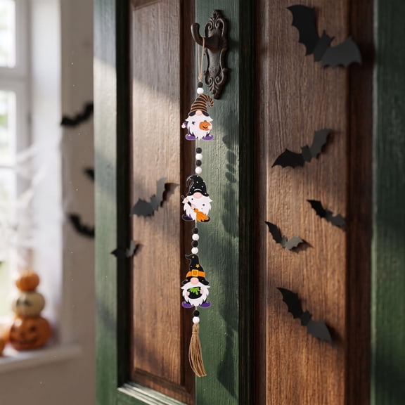 Halloween Wooden Hanging Sign with Witch Pumpkin Bead Chain for Party Home Door Wall Decor Supplies 23.33x1.18in