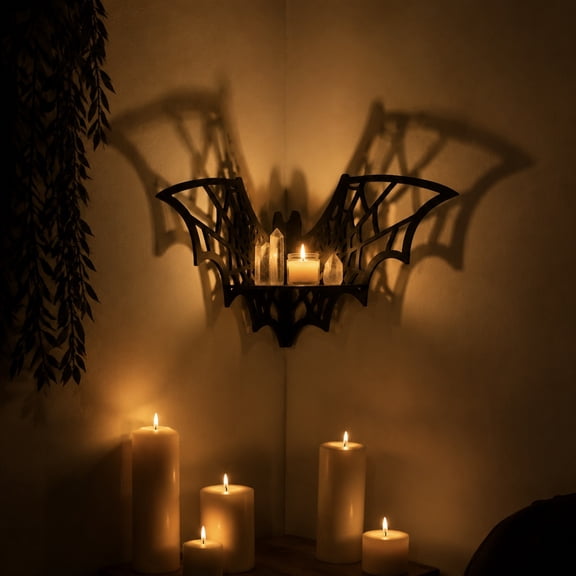 Halloween Wooden Hollow Bat Corner Floating Shelf Gothic Hollow Wall Mount Display Rack Space Saving Small Spider Web Bat Cutout Decorative Storage Holder for Living Room Bedroom Entryway