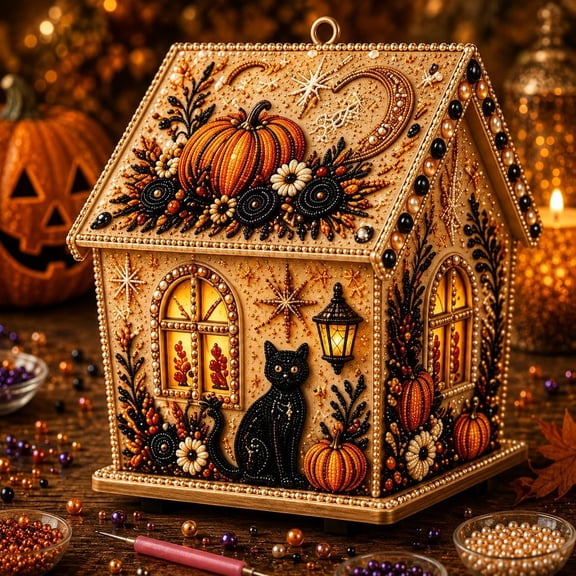 Halloween Wooden House 3D Rhinestone Diamond Art DIY Kit, 3D Diamond Art Kits for Adults with Pearl Diamond Painting Accents, Diamond Art Houses 3D Halloween Tabletop Decor
