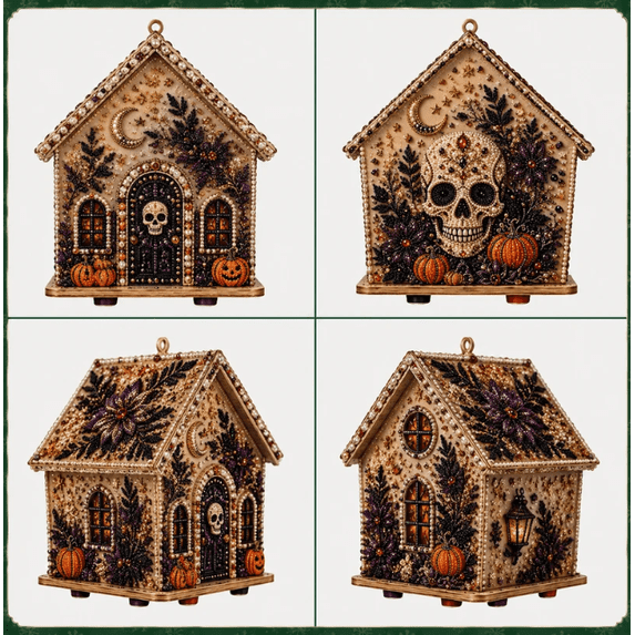 Halloween Wooden House 3D Rhinestone Diamond Art DIY Kit, Multi‑Style Collectible Mini Haunted House for Creating Halloween Mini Village