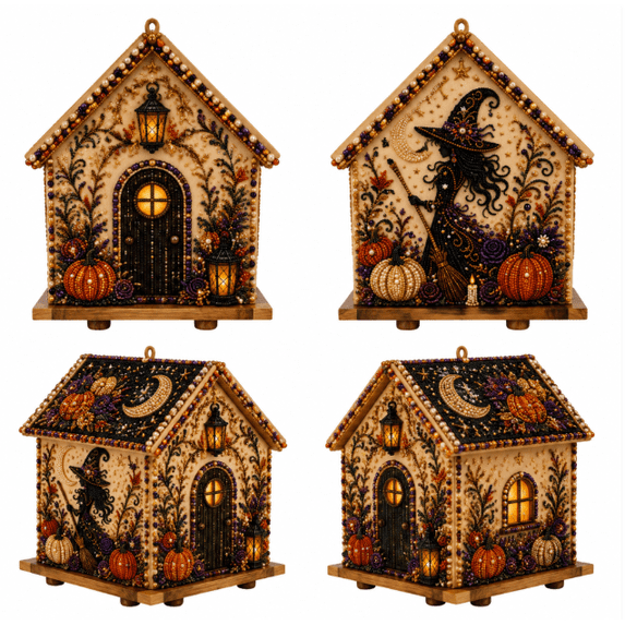 Halloween Wooden House 3D Rhinestone Diamond Art DIY Kit, Multi‑Style Collectible Mini Haunted House for Creating Halloween Mini Village