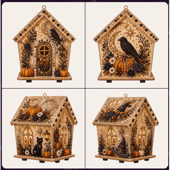 Halloween Wooden House 3D Rhinestone Diamond Art DIY Kit, Multi‑Style Collectible Mini Haunted House for Creating Halloween Mini Village