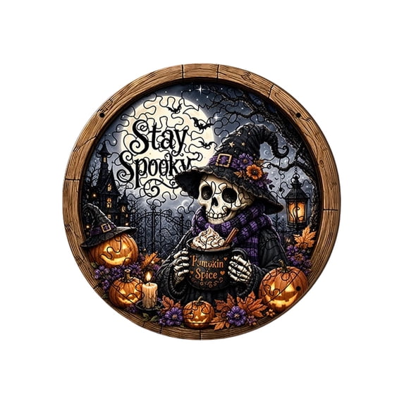 Halloween Wooden Jigsaw Puzzle Round Wood Grain Plaque Ornament Spooky Table Decor Skull Tabletop Holiday Party Home Decoration