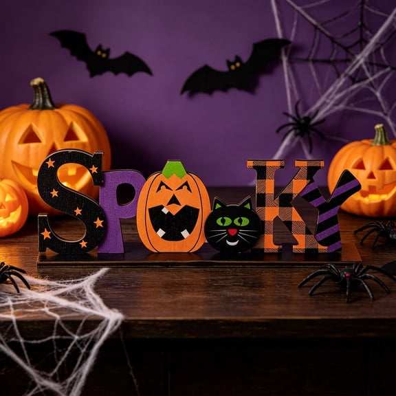 Halloween Wooden Letter Tabletop Ornament, Pumpkin Pattern Rustic Wood Block Sign for Mantel Shelf Table Home Party Holiday Decor