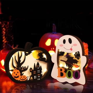 Halloween Wooden Lighted Decorations, 2 Pack Pumpkin & Ghost 3D Layered LED Tabletop Ornaments, Spooky Witch Bat Castle Pumpkin Ghost Boo Sign