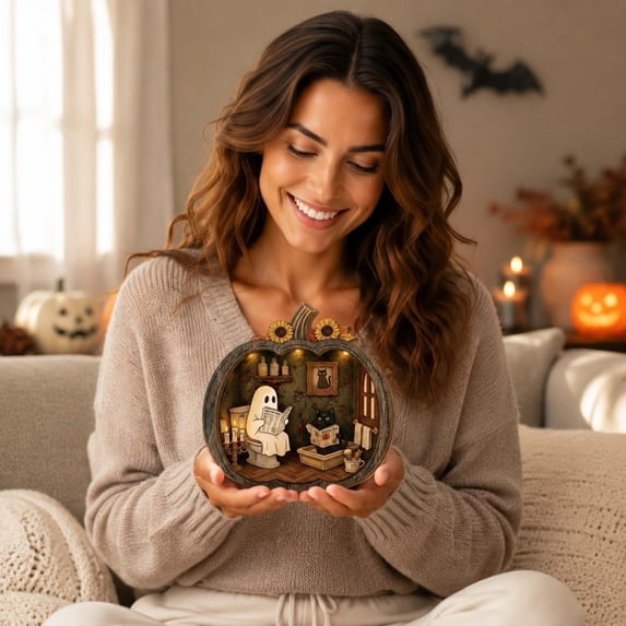 Halloween Wooden Lighted Pumpkin for Tabletop,Light Up Pumpkin Ghost Lamp Lantern Shadow Box Halloween Table Decorations Ornament