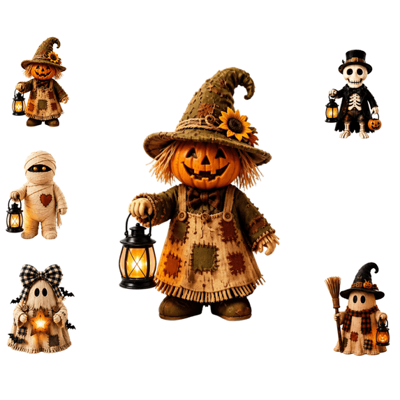 Halloween Wooden Monster Decorations, Rustic Handcrafted Halloween Tabletop Set with Lantern, Ghost Pumpkin Skeleton Mummy Scarecrow for Autumn Home Decor (Pumpkin)