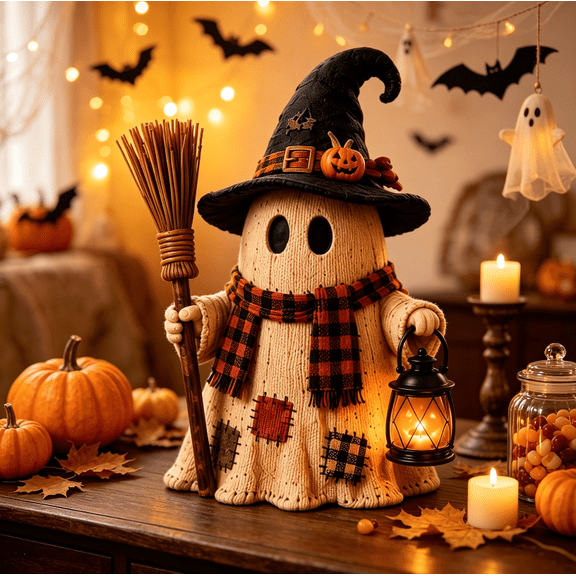 Halloween Wooden Monster Decorations, Rustic Wooden Halloween Figurine with Lantern, Farmhouse Pumpkin Ghost Skeleton Mummy Scarecrow Tabletop Decor for Shelf, Mantel and Fall Decoration,1PC