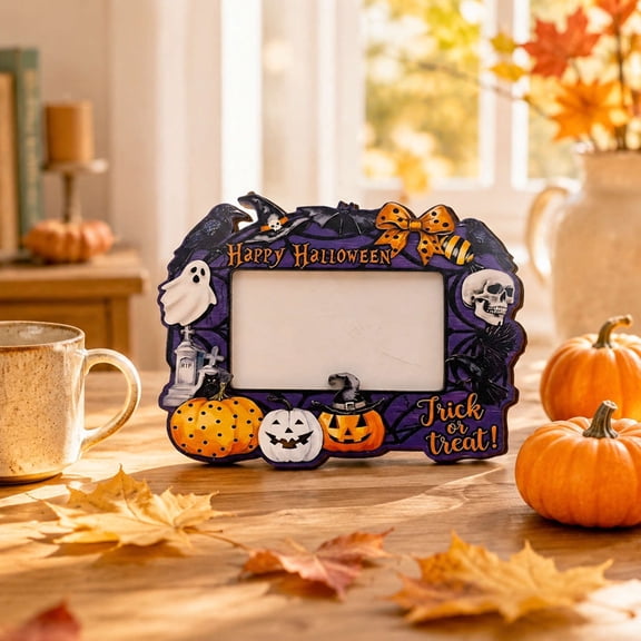 Halloween Wooden Photo Frame with Pumpkin Black Cat & Ghost Design, Rustic Festive Tabletop Picture Frame Ornament, Spooky Holiday Decor for Home Office Desk Shelf Mantel Living Room Bedroom Decor