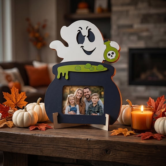 Halloween Wooden Picture Frame 2.5x3.5 Inch, Pumpkin Themed Tabletop Photo Frame, Festive Desktop Ornament for Holiday Decor