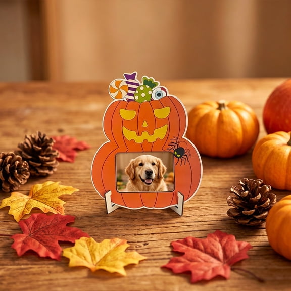 Halloween Wooden Picture Frame 2.5x3.5 Inch, Pumpkin Themed Tabletop Photo Frame, Festive Desktop Ornament for Holiday Decor