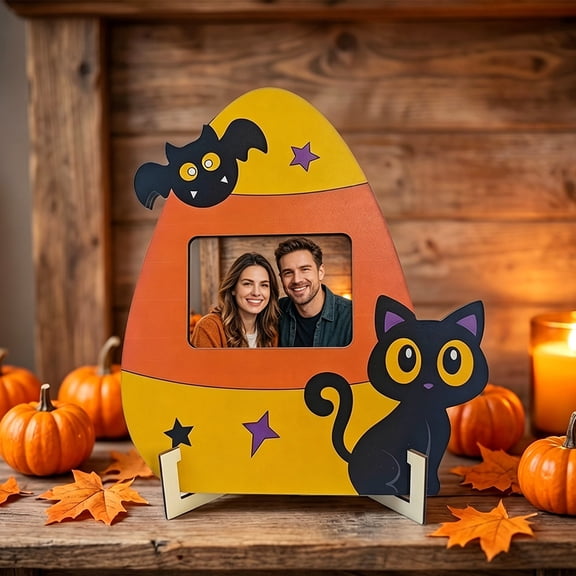 Halloween Wooden Picture Frame Tabletop Decor, Witch Ghost Candy Corn Photo Holder for 2.5x3.5 Inch Holiday Desktop Ornament