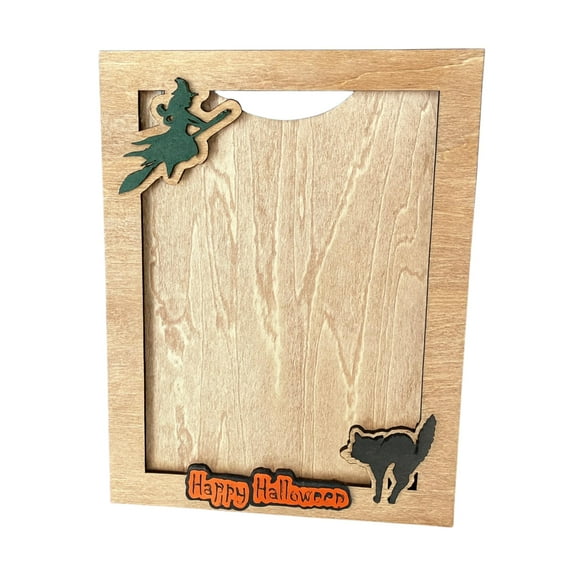 Halloween Wooden Picture Frame with Witch and Black Cat Design, 5x7 Inch Photo Display, Wall Mount and Stand Included