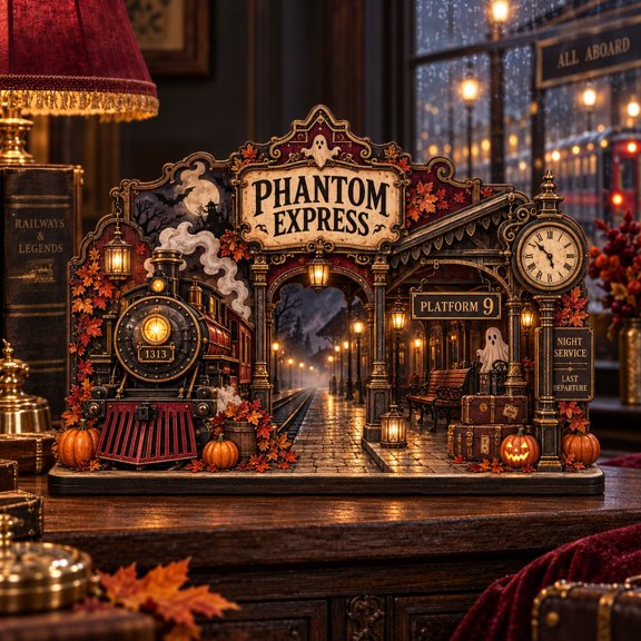 Halloween Wooden Plaque Phantom Express Railway Station Tabletop Display for Gothic Decor
