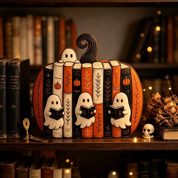 Halloween Wooden Pumpkin Bookshelf Decor, Rustic Pumpkin Tabletop Ornament with Fall Design, Seasonal Home Decoration for Shelf Mantel Desk Living Room Office Party Display