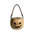 thumbnail image 1 of Halloween Wooden Pumpkin Candy Bucket with Leather Handle, Hollow Jack O Lantern Treat Bucket, Rustic Candy Holder for Halloween Party Decor, Trick or Treat Basket, 1 of 5