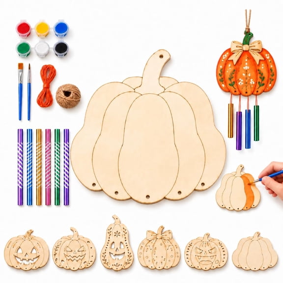 Halloween Wooden Pumpkin Craft Kit DIY Wind Chime Activity Set Wood Cutouts, Includes Wooden Pieces Paint Supplies Metal Tubes for Creative Projects at Home School Parties and Family Activities
