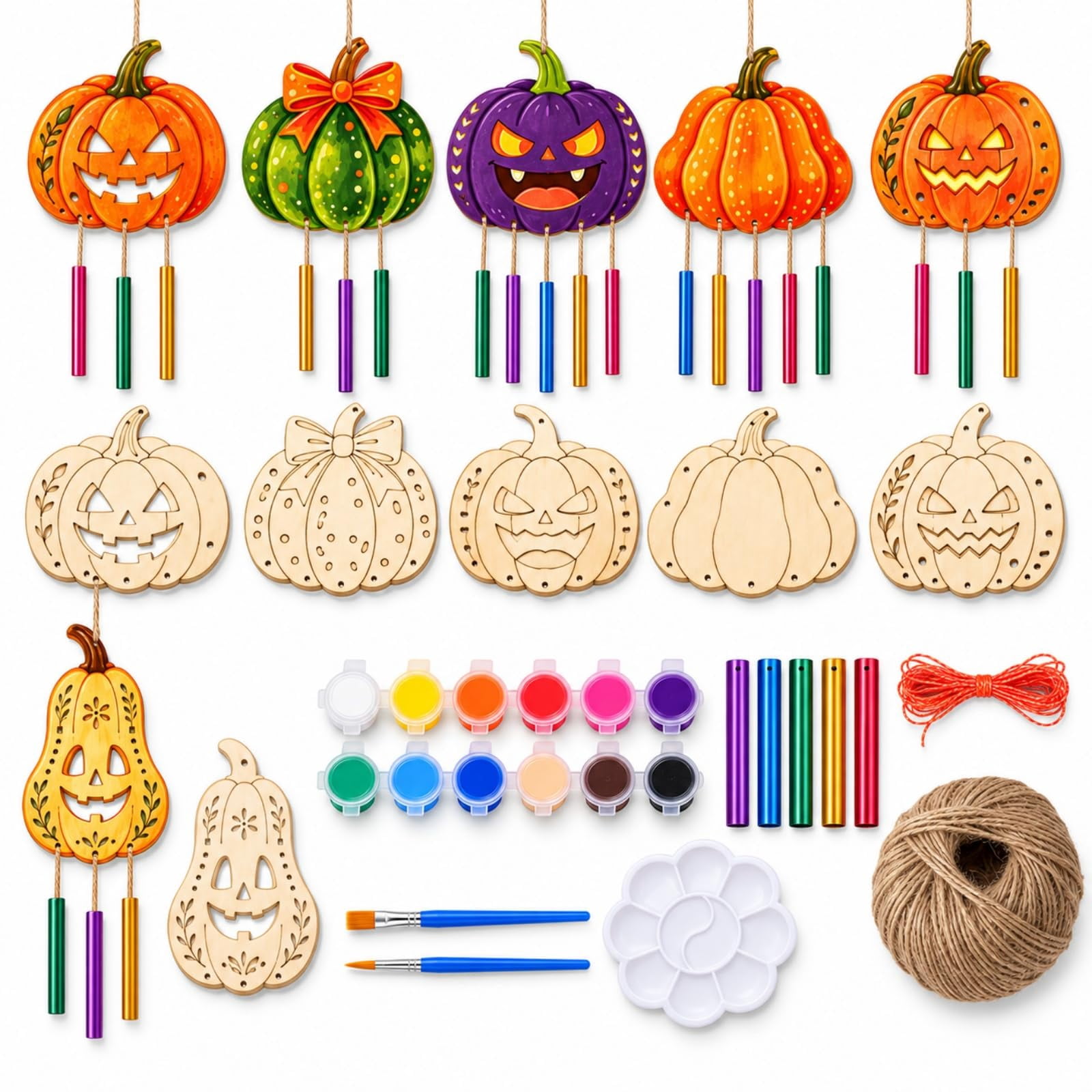 Halloween Wooden Pumpkin Craft Kit, DIY Wind Chime Paint Set, Kids Art ...