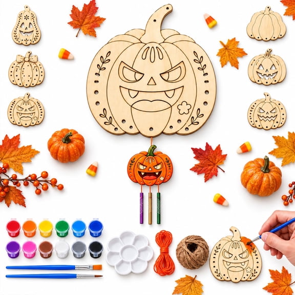 Halloween Wooden Pumpkin Craft Kit, Paintable DIY Wind Chime with 12 Acrylic Paints, 2 Brushes & 3 Chimes Unfinished Paintable