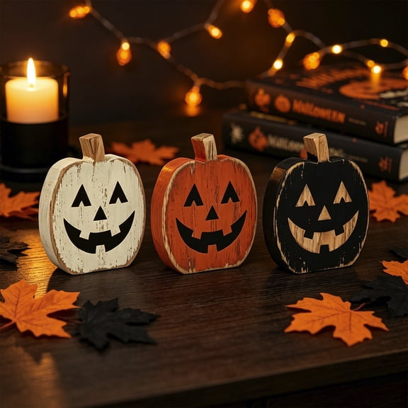 Halloween Wooden Pumpkin Set, Fall Tabletop Ornaments, Tiered Tray Decor, Natural Wood Construction and Sanded Splinter-Free Finish for Mantel Displays, Shelf Styling and Coffee Table Accents.