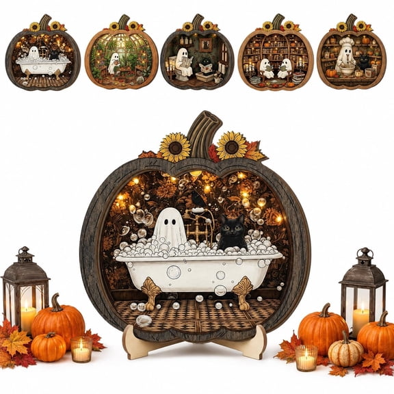 Halloween Wooden Pumpkin Tabletop Decor, Ghost Shelf Sitter Ornament with Layered Hollow Design, 2D Black Cat Fall Decor for Mantel Desk Party Display