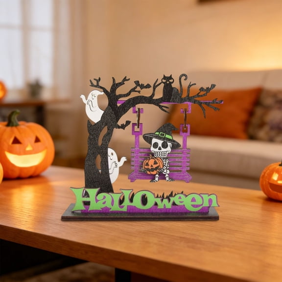 Halloween Wooden Rocking Ornament Ghost Skeleton Swing Desk Decor 6.1in,A
